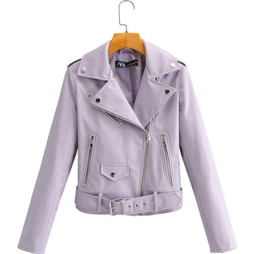 2020 Autumn Women New Style Lape lLong-sleeved Pockets With Shoulder Straps And Belts Imitation Leather Motorcycle Jacket