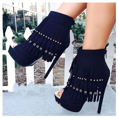 Woman Black Suede Eyelet Tassel Ankle Boots Peep Toe Platform Stiletto Heels Rivets Metal Decoration Zipper Back Short Boots