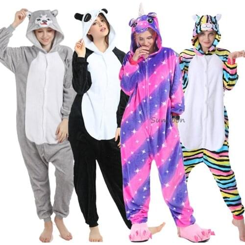 Women Kigurumi Unicorn Homewear Onesies For Adults Flannel Warm Costumes Hooded Panda Pajama Cute Animal Lovely Licorne Onsie