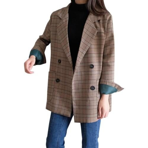 High quality Female Casual Coat 2018 Autumn Vintage Loose Plaid Long Blazer Women double breasted Blazer Long Sleeve Suit Jacket
