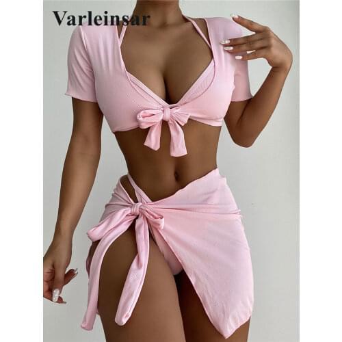 4 PCS Ribbed Halter Bikini Female Swimsuit Women Swimwear Four-pieces Bikini set With Top Sarong Bather Bathing Suit Swim V3152