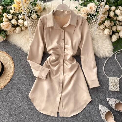 Ordifree 2021 Spring Autumn Women Short Tunic Shirt Dress High Waist Draped Single Breasted Elegant Office Lady Mini Dress