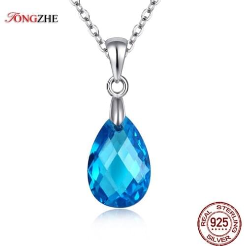 TONGZHE Pure 925 Sterling Silver Necklace Water Drop Clear Blue Crystal Charm Pendants Dazzling Women Jewelry Wholesale