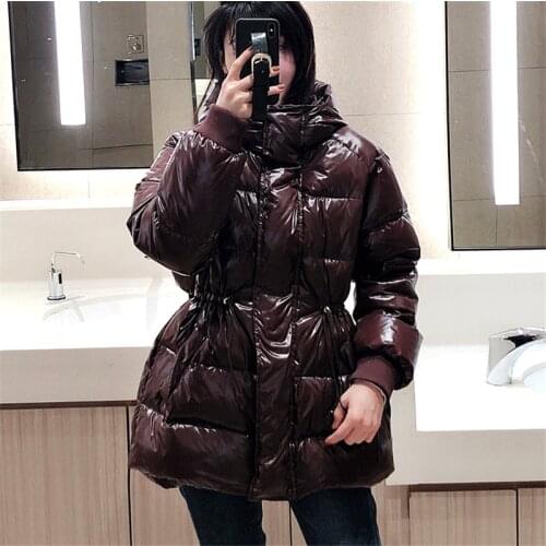 Winter wear thick warm waist waist hooded bright face ladies down jacket windproof and cold-proof mid-length ladies jacket