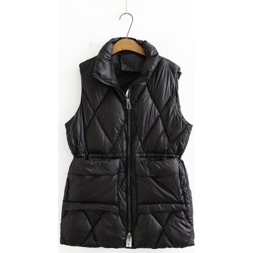 2020 Women Sleeveless Vests Winter Warm Oversize Drawstring Waist Down Cotton Hand Stuffed Sustans mid-length Vest Jacket