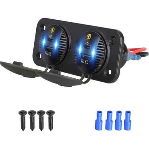 36W+36W Daul Usb Car Charger QC 3.0 + Type-c PD Car Panel Charger Socket Waterproof with Cable for Marine Boat Motorcycle Truck