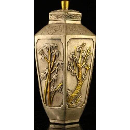 7" qianlong antique Tibetan silver gilt Plum orchid bamboo chrysanthemum jar