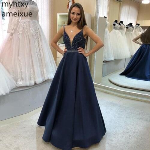 2020 A-line Long Prom Dresses V-neck Sleeveless Black Custom Satin Delicate Beading Formal Party Spaghetti Straps Russia Gowns