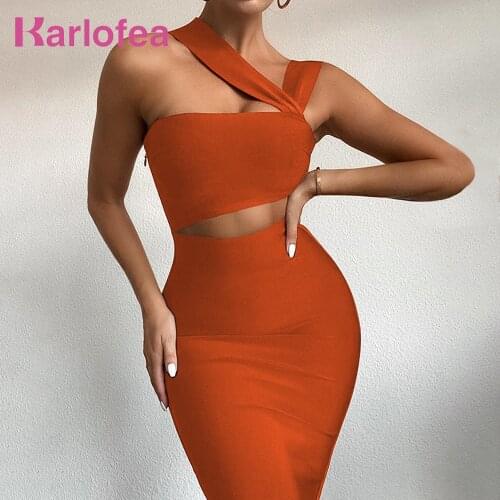 Karlofea Lady Sexy Date Outfits Midi Dress Chic Irregular One Shoulder Double Layer Bodycon Dresses Waist Hollow Out New Clothes