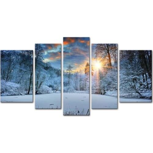 Canvas Print Picture Wall Art Frame 5 Piece Snow Scene Poster Pine Snowflake Painting Living Room Decoration