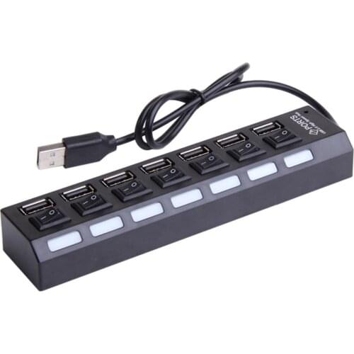 USB 2.0 Hub Splitter - USB Extender 7 Port USB Ultra Slim Data Hub with Individual Power Switch and LED