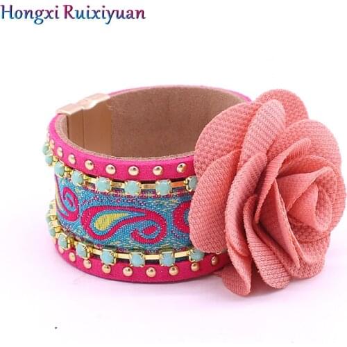 Leather bracelet bohemian handmade bracelets for women exquisite womens fabric flower magnetic buckle bracelet jewelry gift