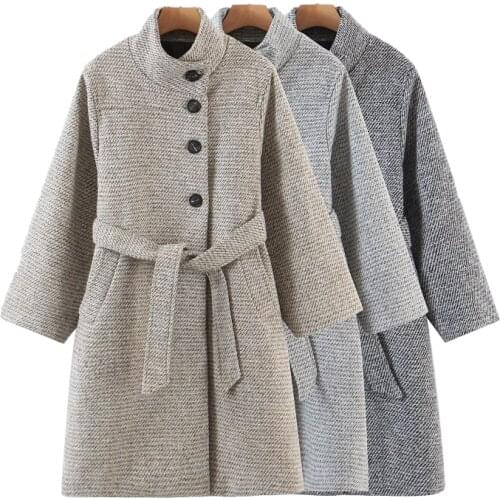 Nice Vintage Woman Loose Sashes Textured Woolen Long Coat New Winter Ladies Stand Collar Outwear Female Oversized Thick Jackets
