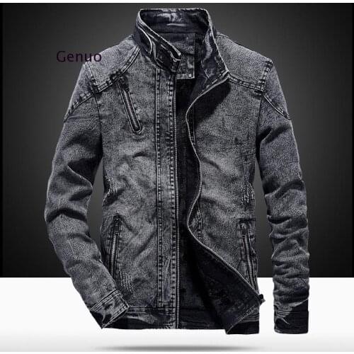 New Vintage Mens Denim Jacket Solid Casual Mens Jeans Coat Fashion Stand Clothes for Men Black Blue Bomber Jacket Men Stand