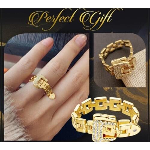 Adjustable Belt Buckle Zircon Rings Detachable Metal Soft Chain Ring Luxury Statement Finger Rings for Women Men LXH