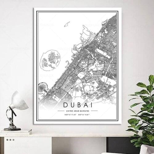 World City Map DUBAI Wall Art Black And White Posters Prints Canvas Painting Picture For Living Room Decor framed