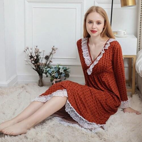 Autumn Sleepdress Women modal V-Neck Nightgown Sleepwear Elastic Breathable Nightdress Homewear Princess Female Large M-XXL