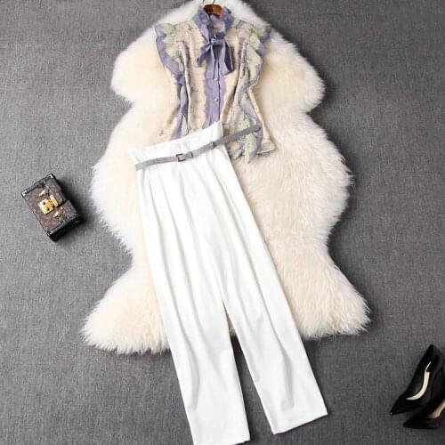 2021 runway summer office 2 piece outfits designer fashion ruffles bow collar floral print chiffon shirts and white pants suits