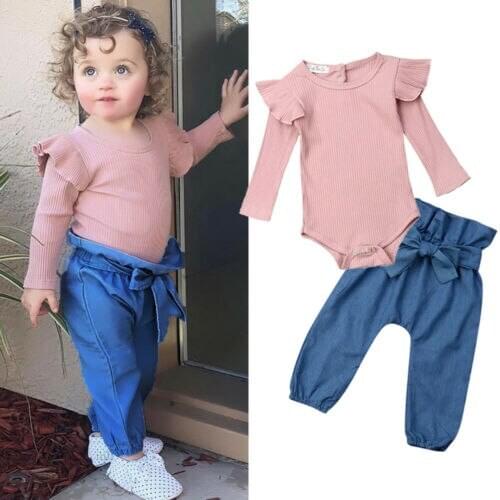 Autumn Baby Girl Clothes Cotton Newborn Infant Baby Girl Solid Jumpsuit Flying Sleeve Bodysuit Bowknot Denim Pants Outfits Sets