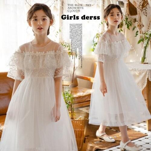 Girls Wedding Dress 2021 Summer New White Mesh Princess Dresses for Teenagers Birthday Party Evening Child Dress 10 12 13 Years