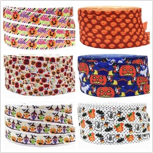 10 yards Pumpkin Print Fold Over Elastic FOE halloween printed headband hairband diy decoration Wholesale 16mm