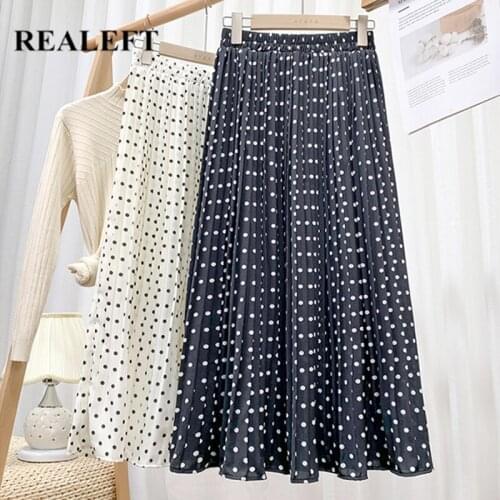 REALEFT New 2021 Spring Summer Vintage Polka Dots Tulle Pleated Women Skirts High Waist Fashionable Female Umbrella Midi Skirts