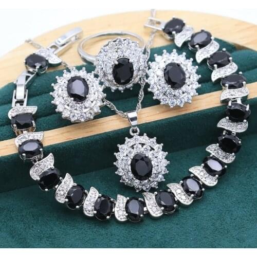 Silver Jewelry Set for Women Black Blue Green White Crystal Bracelet Earrings Ring Wedding Necklace Christmas Free Gift Box