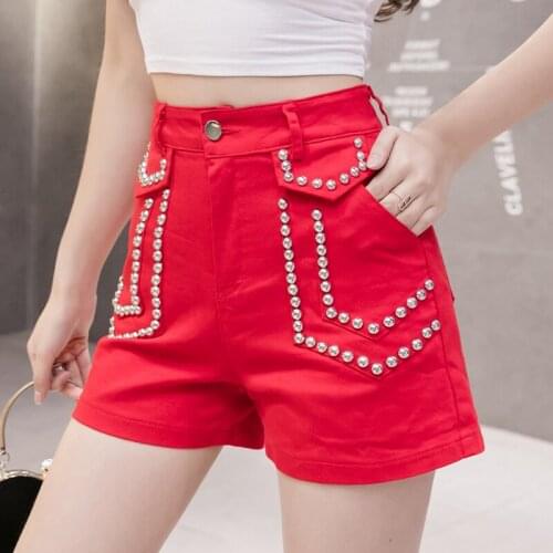 High Waist Denim Shorts for Women Vintage rivet Shorts Jeans Women Denim Shorts Feminino Slim red short trousers female