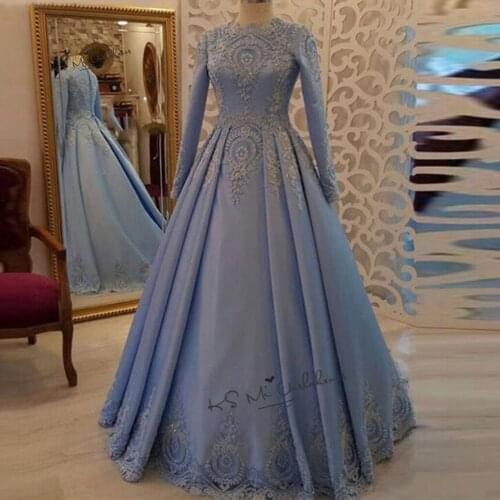 Blue Arabic Dubai Muslim Wedding Dresses 2020 Lace Bridal Dress Long Sleeve Wedding Gowns Buttons Vestido de Noiva Manga Longa