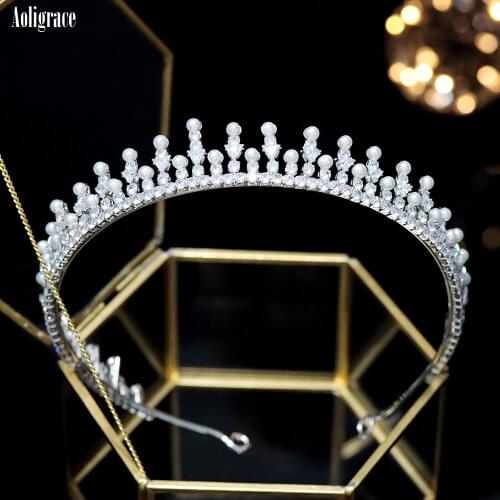 European Full Cubic Zirconia Lengthening Pearl Tiaras CZ Wedding Bridal Crowns Parade Headdress Hair Accessories Birthday Crowns