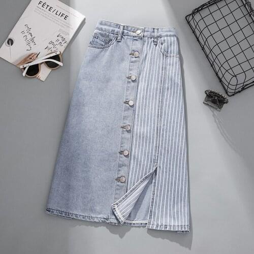 High Quality Blue Retro Split Denim Skirt Women Summer Office Lady Fashion Single Breasted Striped Patchwork Midi Skirts Mujer