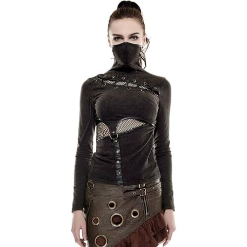 Steampunk Womes Brown Color T-shirt Long Sleeve Sexy Hollow Out T-shirts Tops Fashion Gothic Turtleneck Tshirt Women T-432