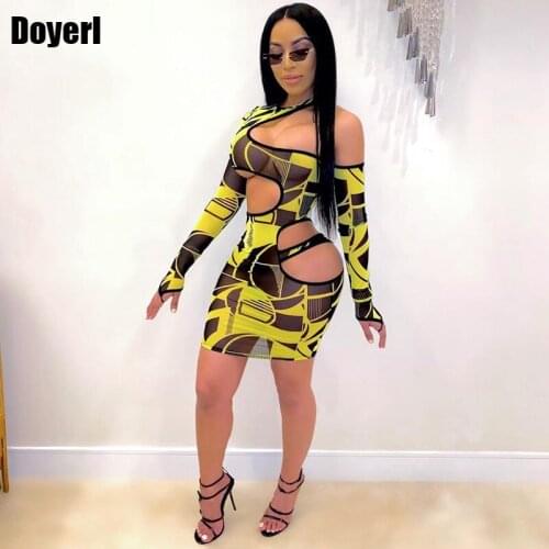 Print Mini Sexy Dress Women Summer Spring Party Night Club Dress 2021 Long Sleeve Mesh Sheer Hollow Out Bandage Bodycon Dress
