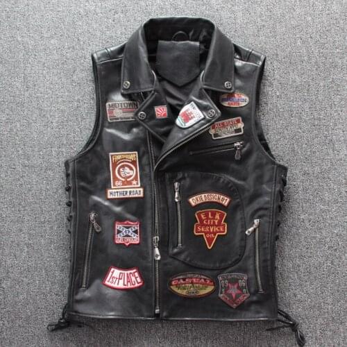 Spring new mens leather vest top layer cowhide embroidery multi-standard motorcycle riding vest vest jacket