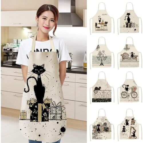1PC Kitchen Apron Cute Cartoon Cat Printed Sleeveless Cotton Linen Aprons for Men Women Home Cleaning Tools