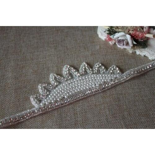 10 pieces 38.5*5.5cm Wholesale Iron/Sewing on Hotfix Pearl Crystal Applique Crown Long Rhinestone Beaded Applique