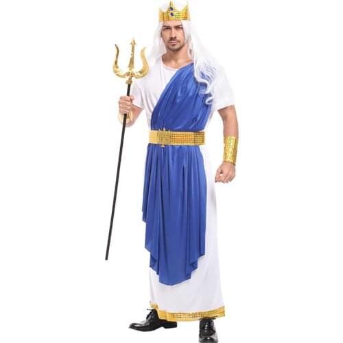 2019 Carnival Adult Poseidon Costume Men Halloween Costume Adult Neptune Male Cosplay Costume Blue With White Robe Fancy Dress