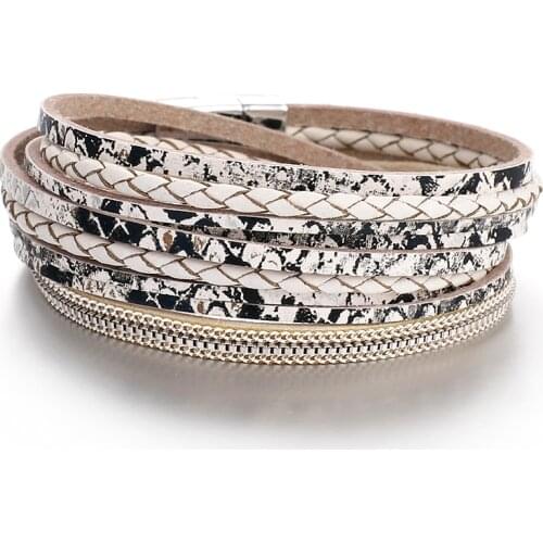 Amorcome Snake Skin Pattern Leather Cuff Wrap Bracelet Stackable Double Layer Wristband with Magnetic Clasp Boho Jewelry Gift