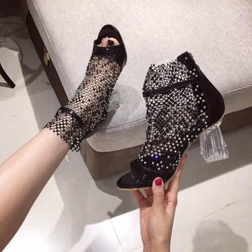 Bling Women Sandals Boots Short Boots Mesh Air Clear Thick High Heels Open Toe Sandals Boots Gladiator Hollow Sandals Party Shoe