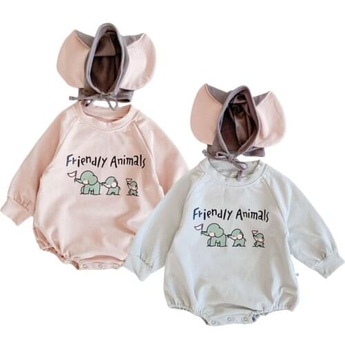 Newborn Boys Clothes 2020 Autumn Girls Baby Bodysuits Long Sleeve Infant Cute Elephant Print Baby Bodysuit +Hat Twins Clothing
