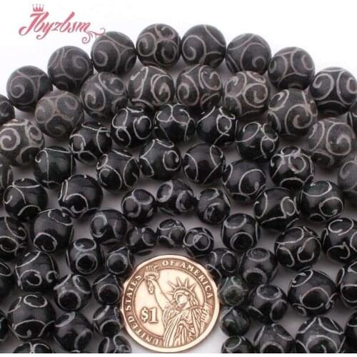 8,10,12mm Round Black Carved Agates Stone Loose Beads Spacer Beads for DIY Women Men Necklace Bracelets Jewelry Making 15"