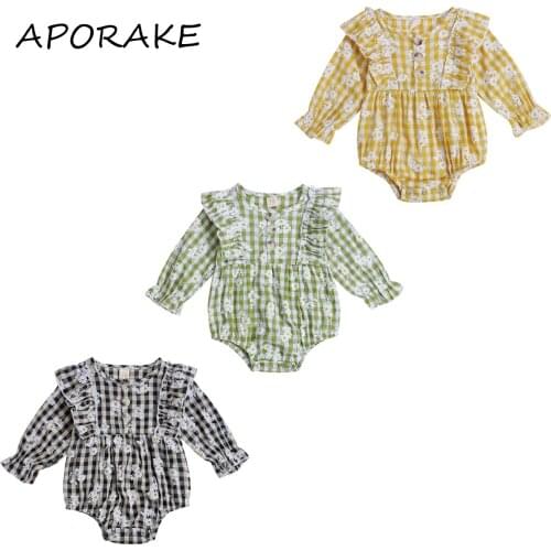 2021 0-24M Cute Infant Baby Girl Romper Spring Fall New Floral Plaid Print Ruffle Long Sleeve O Neck Playsuit Cotton Clothes