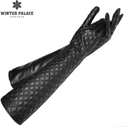 Long gloves ,Genuine Leather,Length 45-46CM,Cotton,Adult,Dark blue fur gloves,Spandex, leather gloves,Free shipping