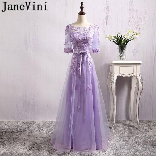JaneVini Elegant Light Purple Beaded Wedding Party Dresses For Women Lace Backless Half Sleeve Bridesmaid Dresses Girl Long Gown