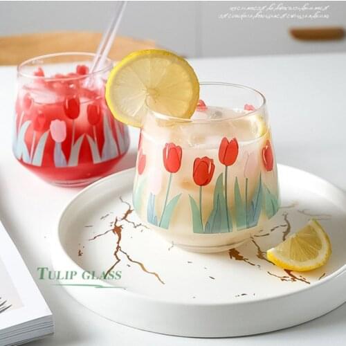 Ins Hot Sale！Tulip Print Transparent Coffee Milk Glass Cup Beer Wine Whisky Mug Home Kitchen Restaurant Drinking Mugs