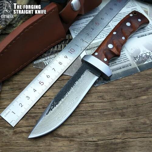 LCM66 Forged outdoor knife Hunting knife Tactical Fixed Knives,steel head+solid wood handle, Camping Rescue Portable knife Sharp