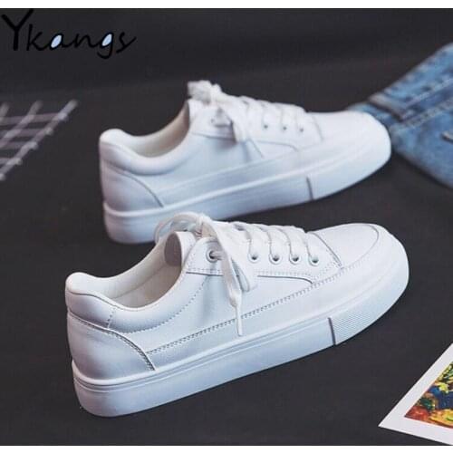 Pu Leather White Vulcanized Shoes New Breathable Mesh Low-top Womens Sneakers Korean Style All-match Lace-up Ladies Flat Shoes