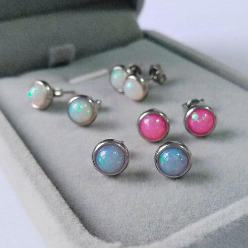Fashion Silver Plated Round Fire Opal Stud Earrings Cute Pink/White/Blue Stone Earrings Girl Daily Jewelry Lovers Gifts
