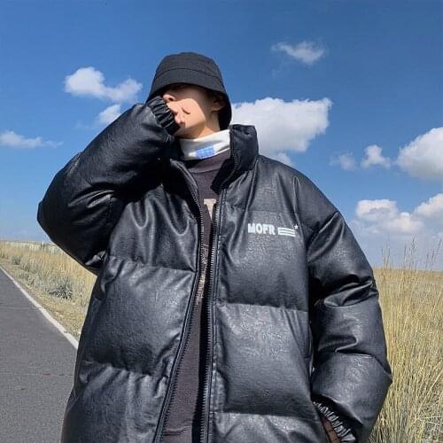 PR 2021 Mens Frosted PU Leather Stand-up Collar Winter Jacket Mens Streetwear Casual Hip Hop Parka Korean Cotton Jackets