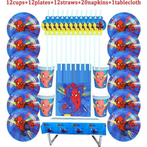 New Style Spiderman 57Pcs Disposable Tableware Design Kid Birthday Party Paper Plate+Cup+Napkin+ Straw+Tablecloth Party Supplies